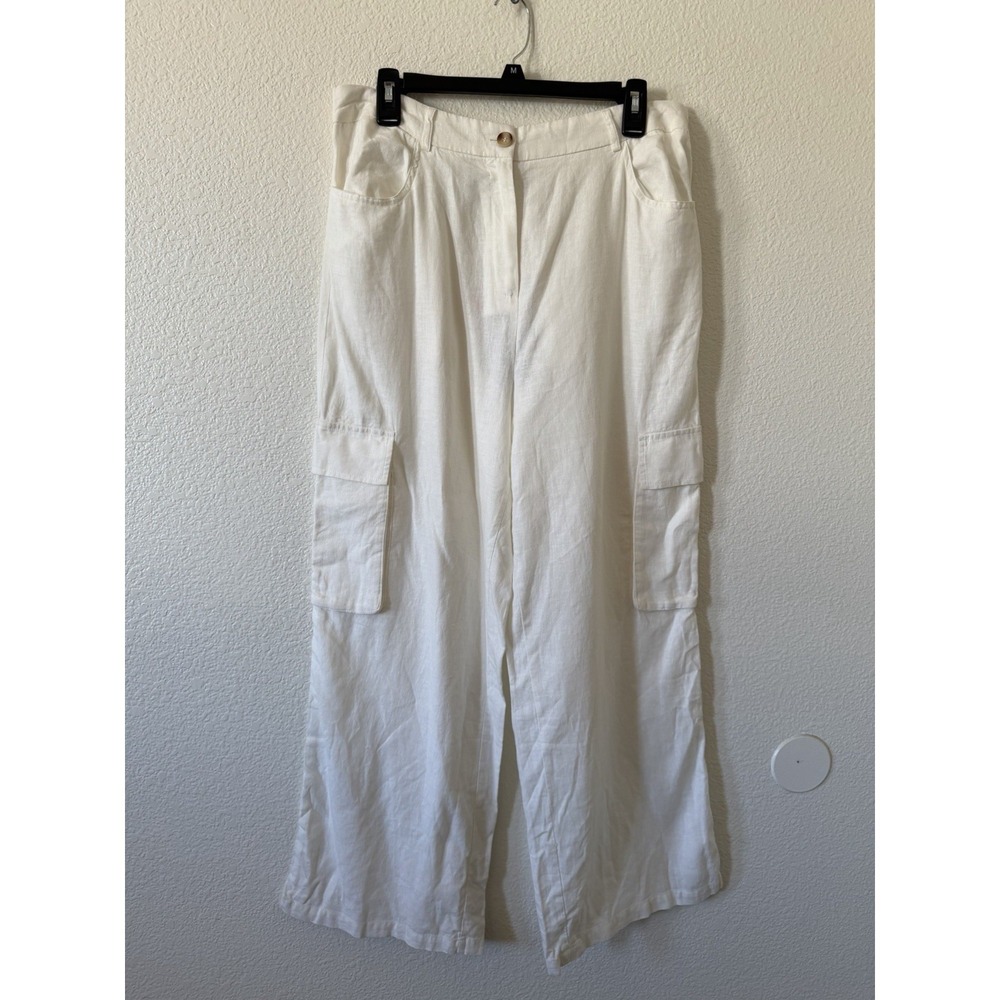 New Sincerely Jules Linen Cargo Pants XL White Wide Leg High Rise Linen Blend - Picture 2 of 16